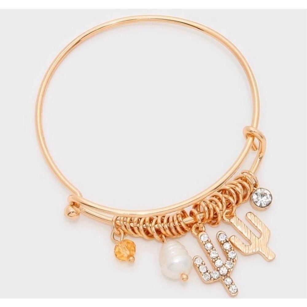 New Womens Boutique Gold & Crystal Charm Cactus Desert Hook Bracelet